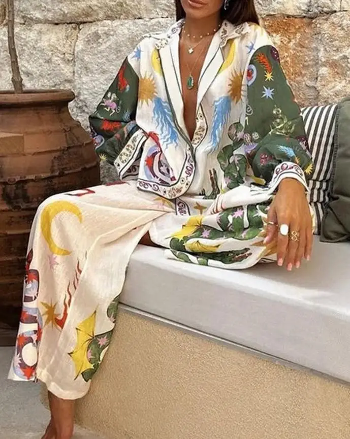 

2025 Bohemian Style Printed Collared Button Up Shirt and High Waisted Wide Leg Pants Set for Autumn Women's Casual Loose Suit