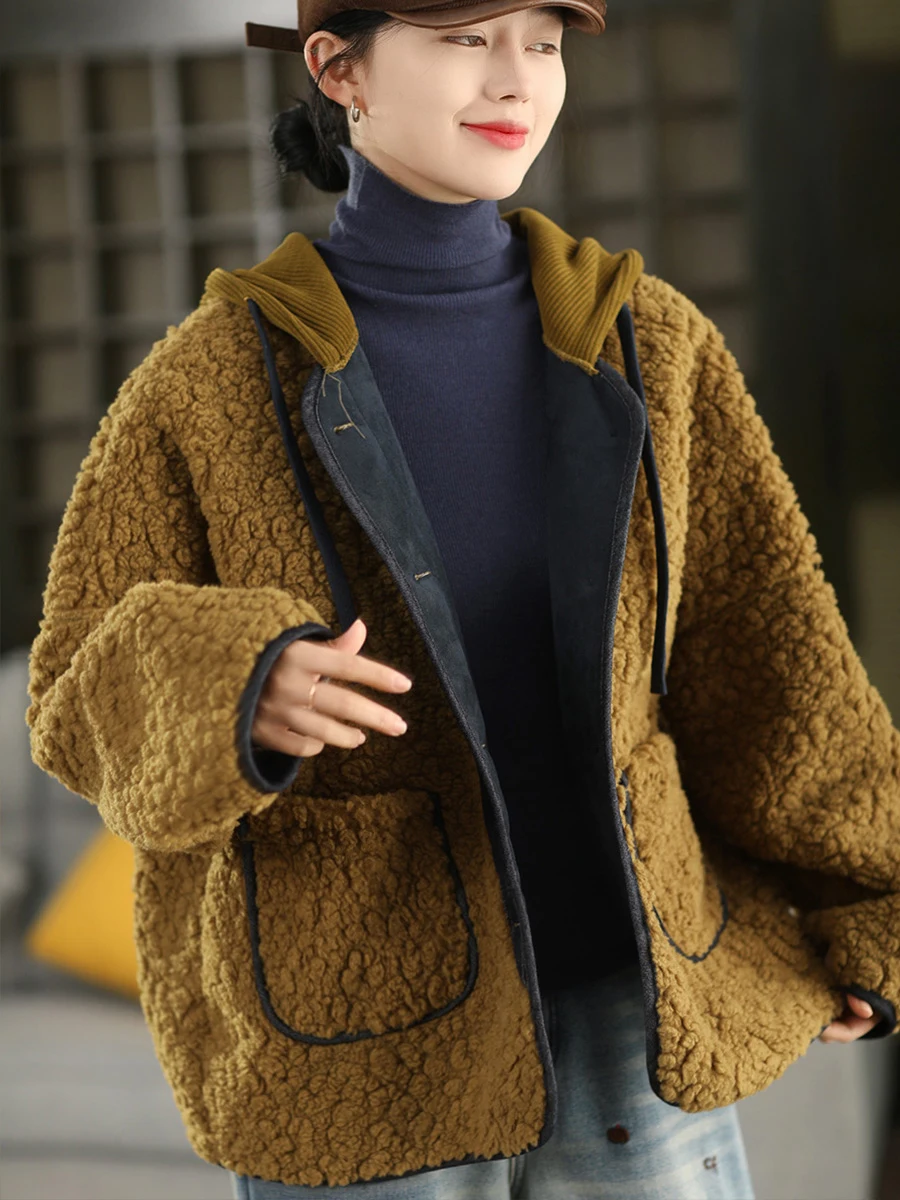 เสื้อโค้ทหนังแกะกำมะหยี่มีฮู้ดสำหรับผู้หญิง แฟชั่น ซับในหนังกลับ อุ่นสบาย เสื้อคลุมฤดูหนาว หนังและขนสัตว์