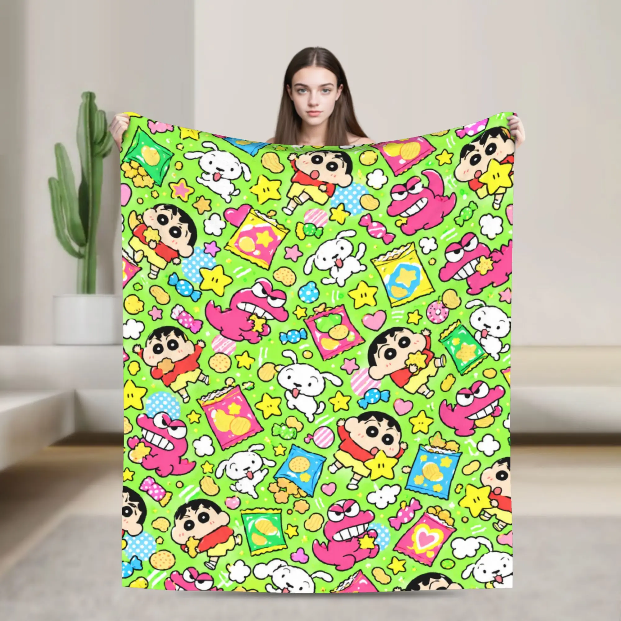 Crayon Shin-chans Green Cute Collage Warm Blankets  Boy Girl Plush Bedding Throws Bedroom Flannel Bedspread Sofa Bed Cover