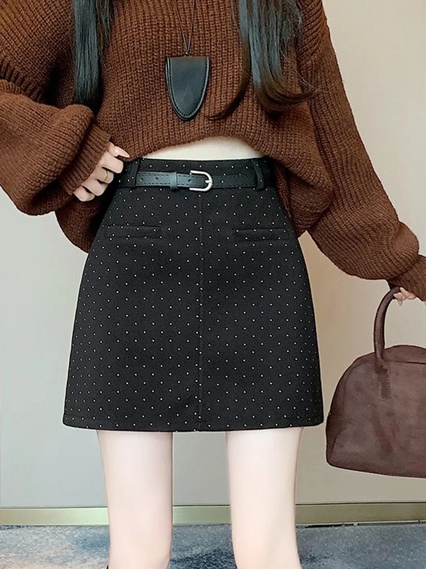 Korean Style High Waist A-Line  Skirt Women's Checkered Woolen Half-length Skirts Fashionable Slimming Short Skirts