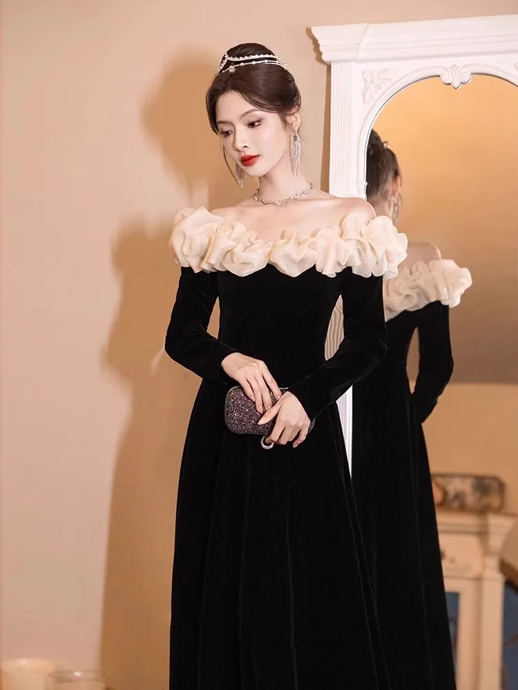 

Ele Bla-oulder Evening Gown Women's Par Host Ball Luxury Small ence High-End Faionable Long Sve