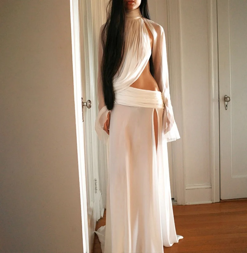 

Зимний женский сексуальный топ с расклешенными рукавами и разрезом, комплект с длинной юбкой - модный и стильный наряд для холодной погоды