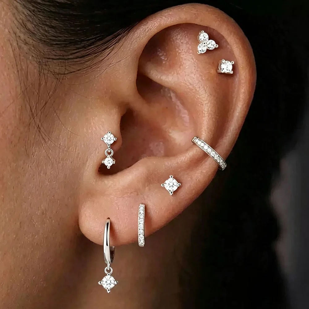 7PCS Geometry Hoop Earrings Set For Women Stainless Steel Round Zircon Ear Stud C-Shaped Ear Clip Trendy Punk Rock Jewelry