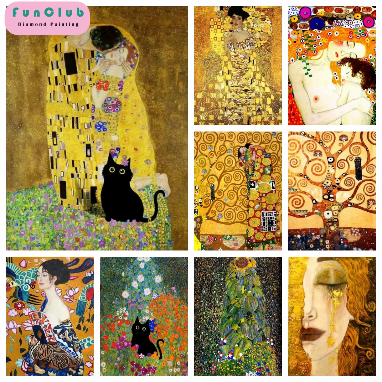 Gustav Klimt The Kiss and Black Cat Diamond Paiting Art 5D DIY Tree of Life Cross Stitch Kits Mosaic Handcraft Room Decor Gifts