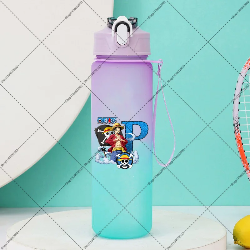 750ML One Piece Water Bottles with Straw Cartoon Anime Pattern Letter A-Z Print Gradient Color Sport Bottle Birthday Party Gifts
