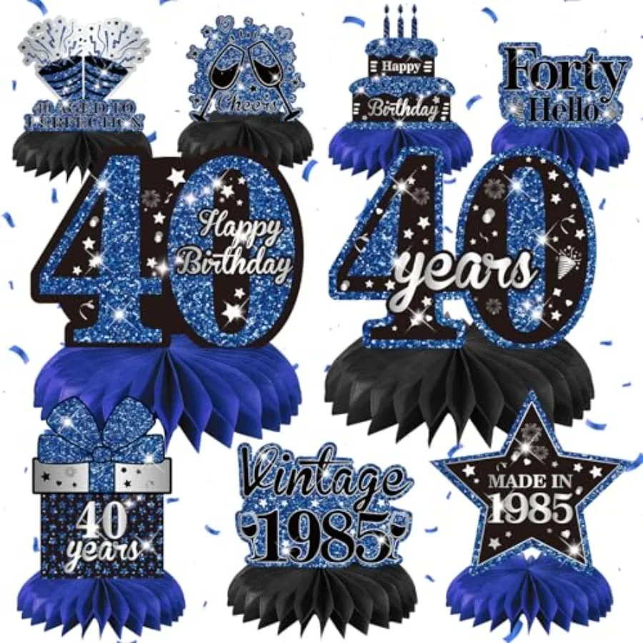 9개 블루 블랙 40번째 생일 장식 빈티지 40번째 생일 허니콤 센터피스 블루 블랙 해피 40번째 생일 테이블 장식