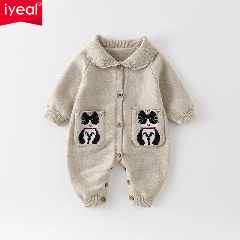 IYEAL Baby Knit Romper, Peter Pan Collar Cartoon Pocket Long Sleeve Button Down Infant Jumpsuit, Newborn Spring One Piece Outfit
