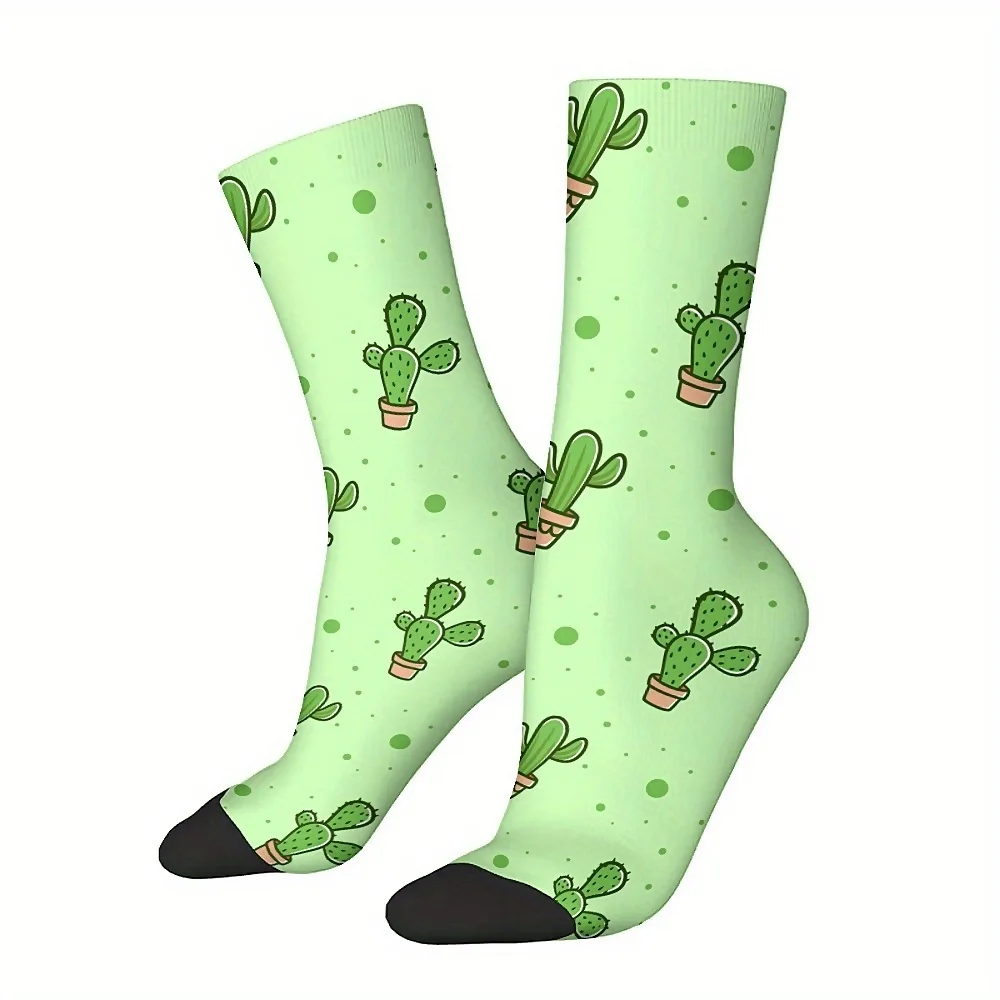 1 Pair Unisex Crew Socks, Harajuku Seamless Print, Fun Novelty Cactus Pattern, Polyester 95% Spandex 5%, Hand Wash Only,
