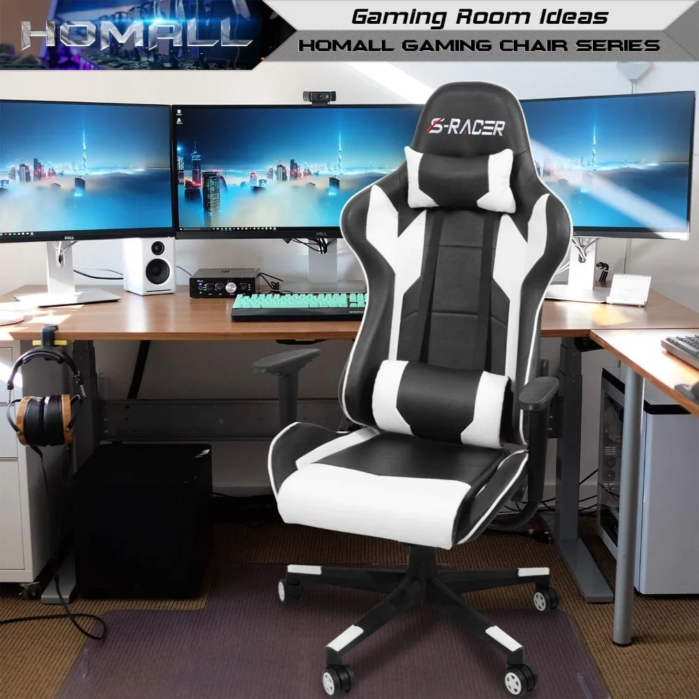 Ergonomischer Computer-Schreibtischstuhl aus Leder mit hoher Rückenlehne, verstellbarer, drehbarer Executive-Bürostuhl im Racing-Stil für bequemes Gaming und