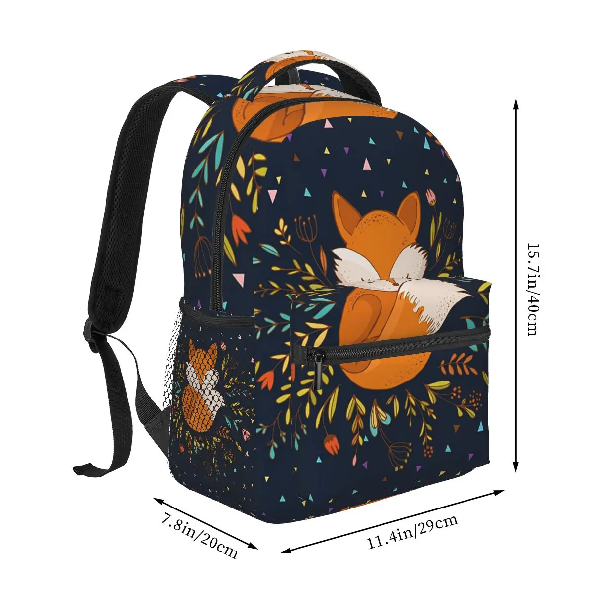 Cute Fox Flowers and Triangles Mochilas para meninos e meninas, crianças mochilas escolares, mochila dos desenhos animados, bolsa de ombro, mochila, grande capacidade