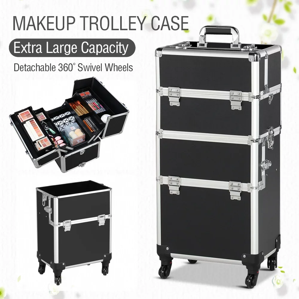 3 In 1 Professional Makeup Case Portable Trolley Black Organizer Travel Professional Luggage Cosmetic Bag Portable Train Trolley