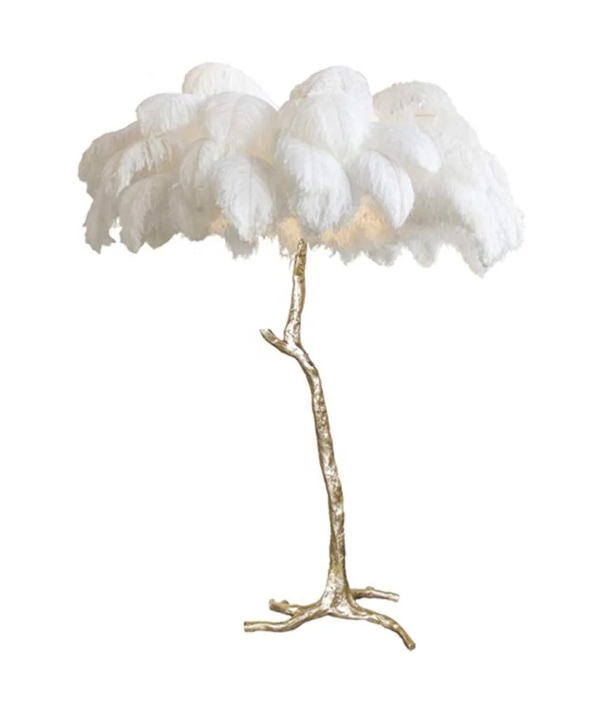 

Gold Brass Ostrich Feather Shade Floor Lamp White Tall Standing Lamp Luxury Decoration Contemporary Style for Living Room E27