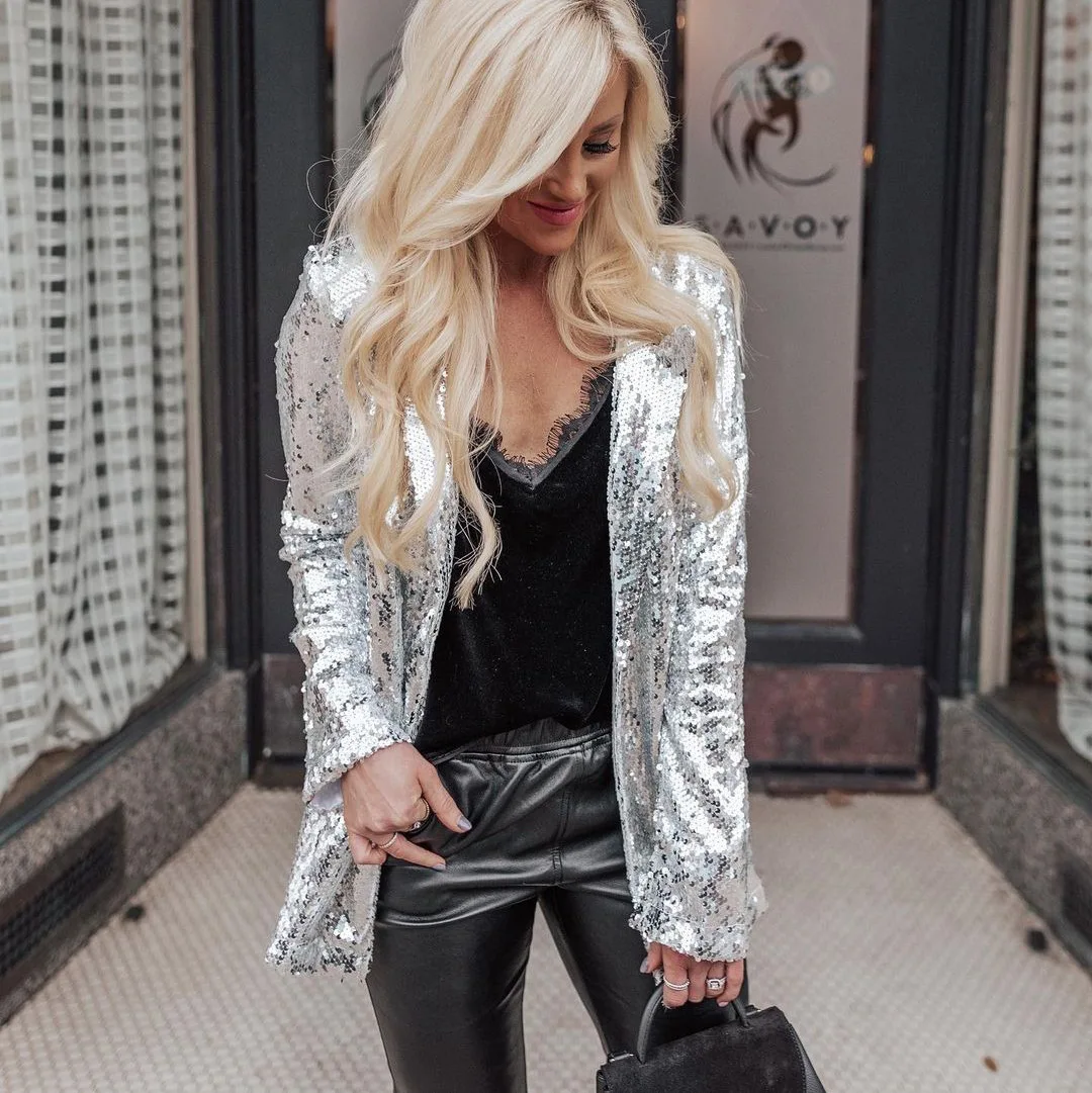 Spring Summer Women's Casual Sequined Jacket Fashion Streetwear Long Sleeve Loose Sequined Suit Coat Uniform Jacket For Women