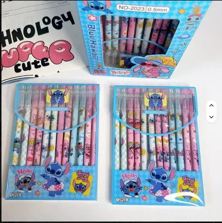12Pcs/Box Dsn Stitch Cartoon Erasable Pen, Black Ink Magic Gel Pen, Writing Stationery for School & Office, Children's Day Gift