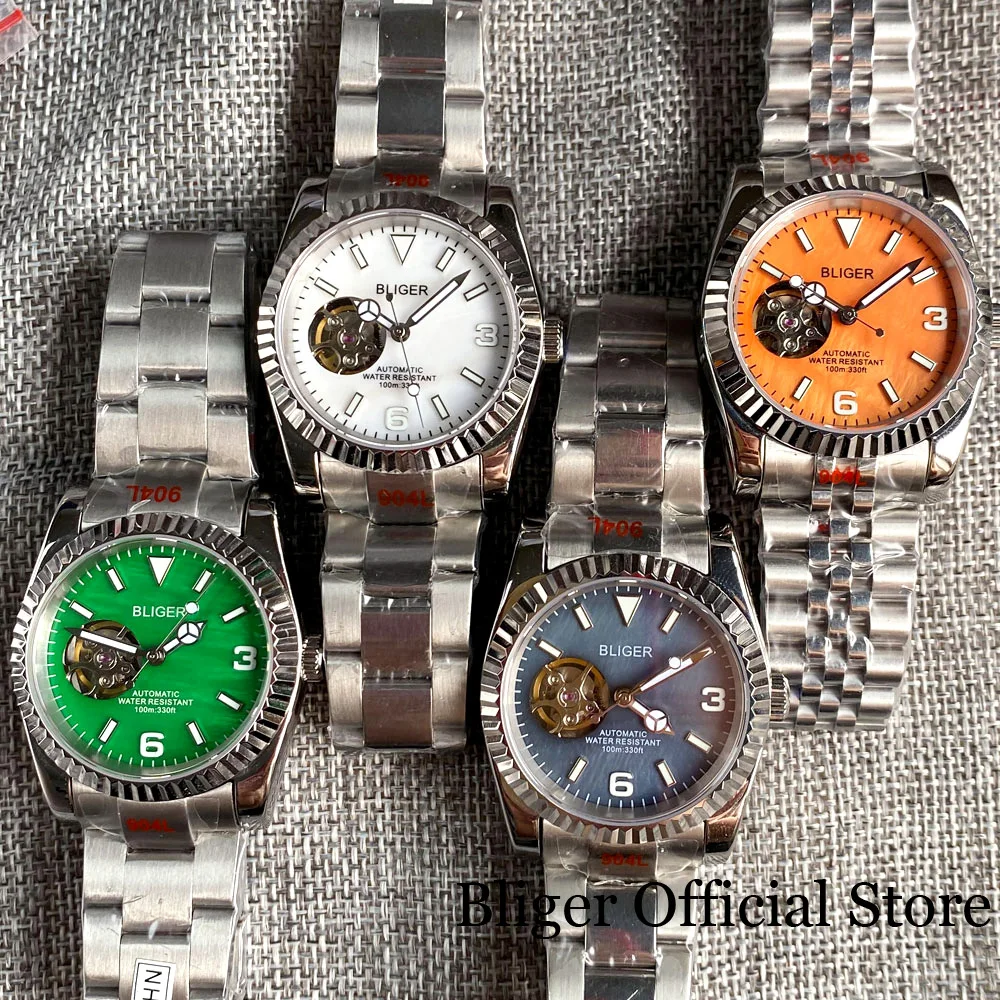 

BLIGER 36mm 39mm NH38A Movement Automatic Watch Men Sapphire Glass Luminous Blue White Orange Dial Fluted Bezel Steel Strap