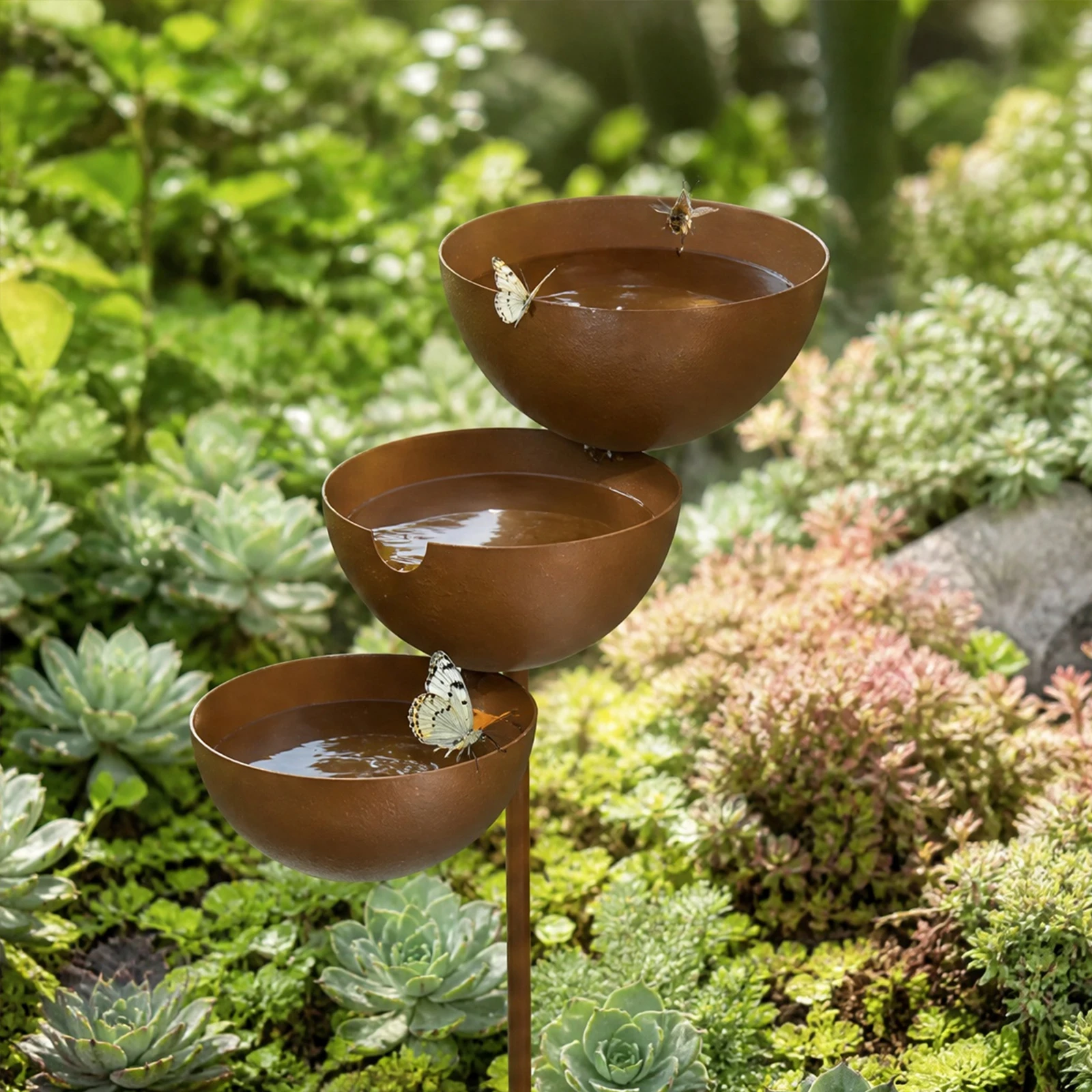 3-Tiered Bird Bee Watering Station Cup with Metal Stake Vintage Birds Water Feeding Bowl Weatherproof For Hummingbird & Animal