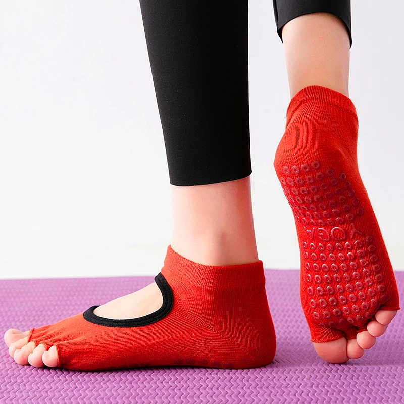 Calzini da Yoga professionali a cinque dita punta aperta traspirante antiscivolo Pilates calzino donna Fitness Toeless mezza punta calzino per danza