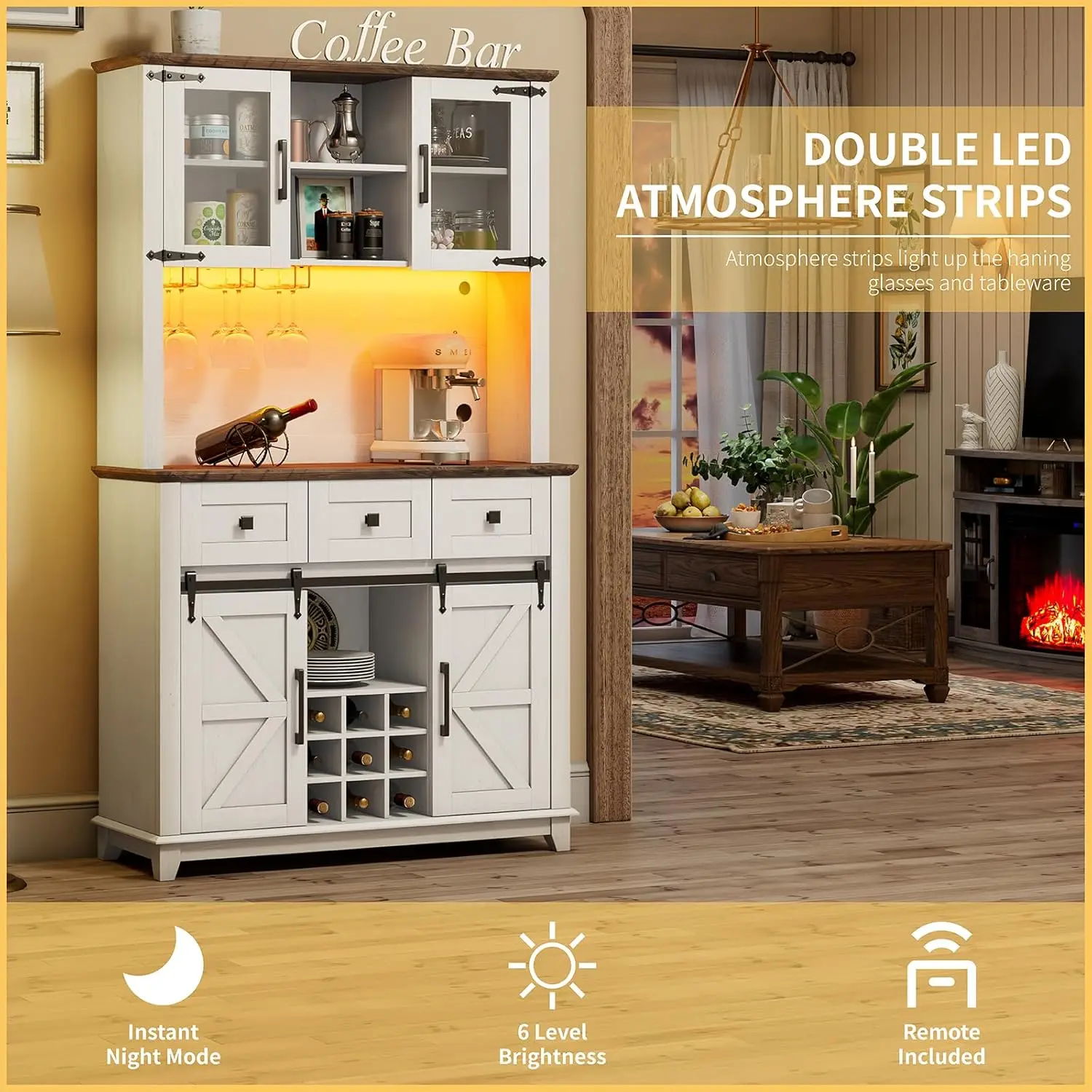 Portabottiglie da Bar da 72 "con porta scorrevole del fienile e luci a LED, mobile Buffet credenza con portabottiglie, 3 cassetti