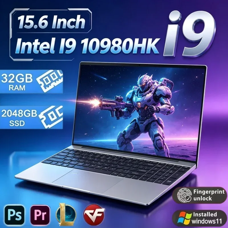 New 15.6 Inch Windows 11 Notebook Intel Core I9-10980HK 32GB RAM 2TB SSD Fingerprint Unlock WiFi6 BT5.2 Lightweight Laptop PC