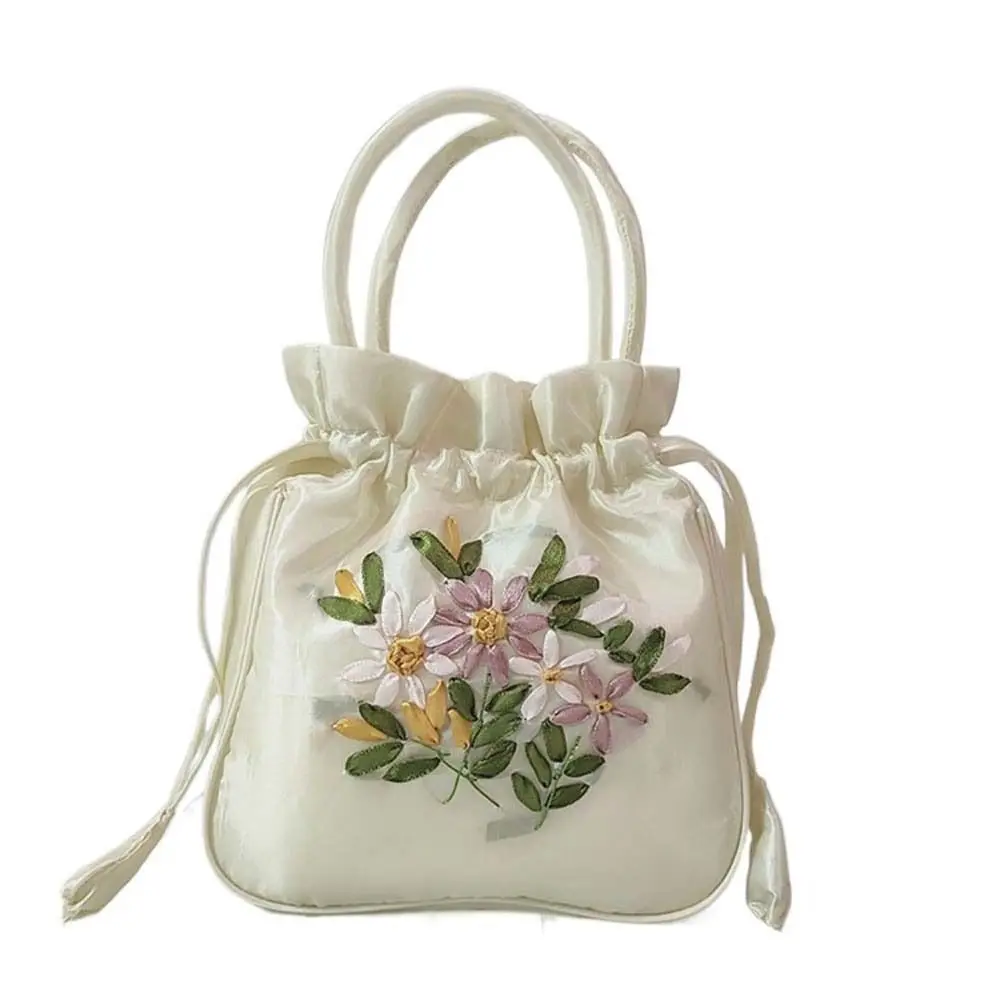 Hanfu bolso de seda satinada portátil con cordones, bolso de mano con bordado de flores, estilo étnico de hojas, bolso de almuerzo coreano, monedero pequeño, billetera de viaje