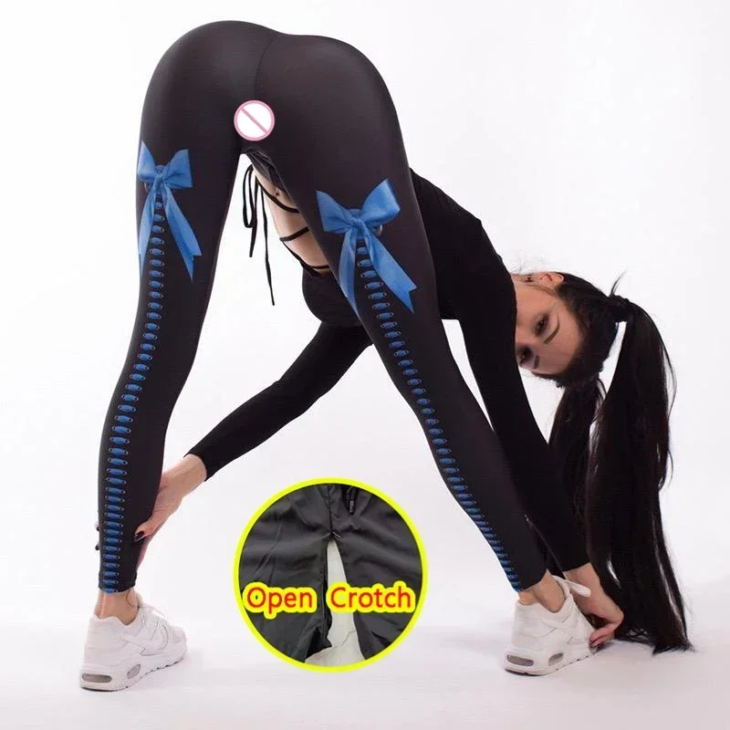 Woman Sexy Open Crotch Leggings Hidden Zippers Elastic Crotchless Sport Panties Bowknot Pattern Outdoor Sex Pant Push Up Pants