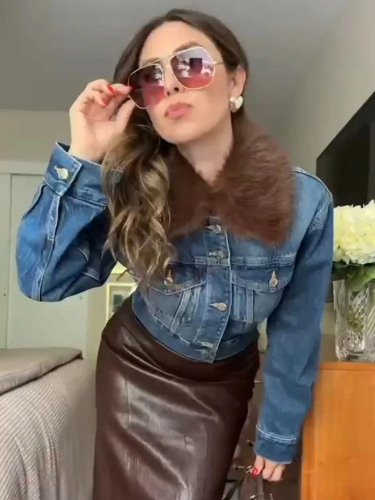 

HH Women Winter New Fashion Vintage Short Flap Faux Fur Effect Denim Coat Female Temperament Warm Single-Breasted Casual Jacket