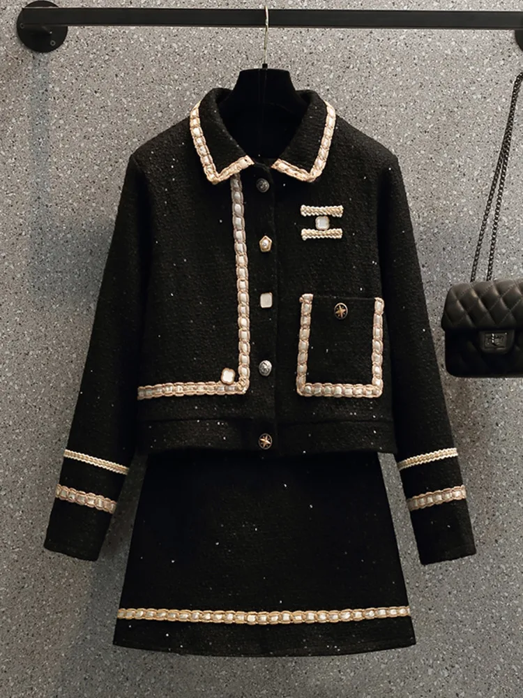 

Plus Size Fall Winter French Vintage Fragrance Tweed Two Pieces Sets Office Ladies Elegant Luxury Cardigans+skirts Sets 2023