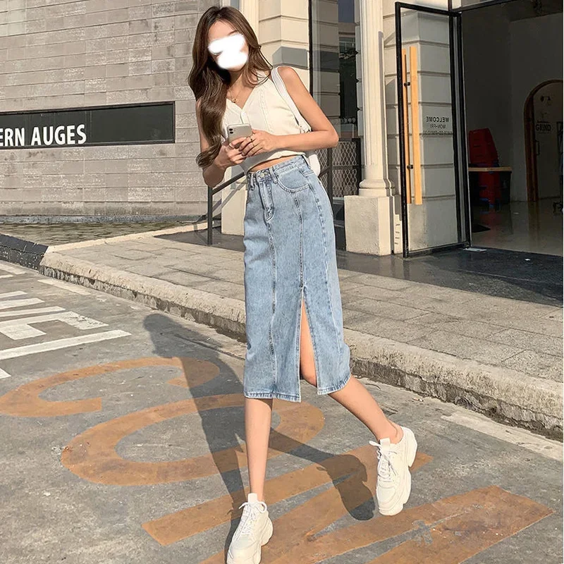 Skirts for Woman Tight Women\'s Skirt Midi Jeans Clothes with Slit Denim Blue Wrap Stylish Premium Y2k High Quality Trend Cheap V