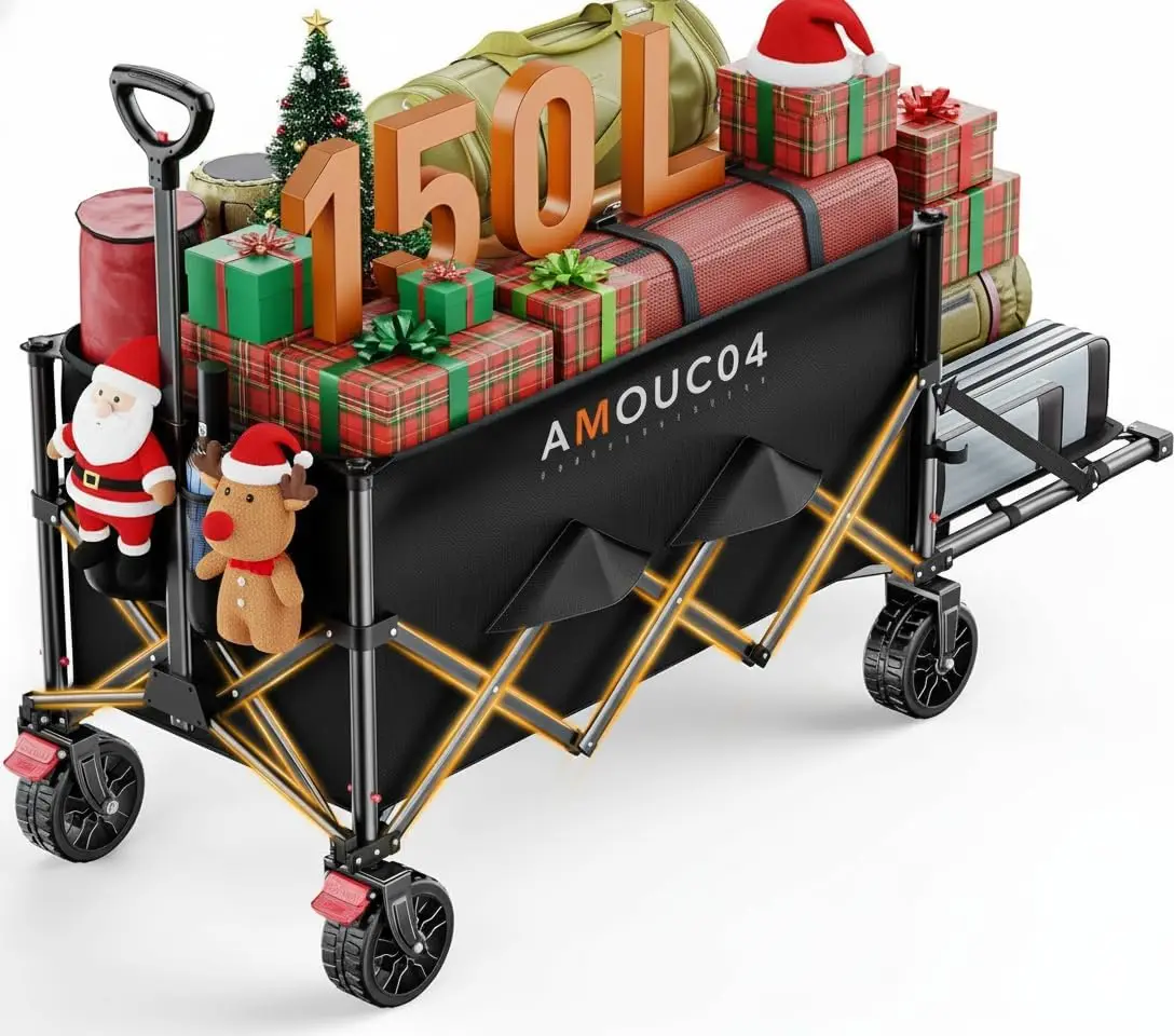 

Foldable Collapsible Wagon Cart with 150L Storage, Cup Holders for Outdoor Camping Gardening Groceries