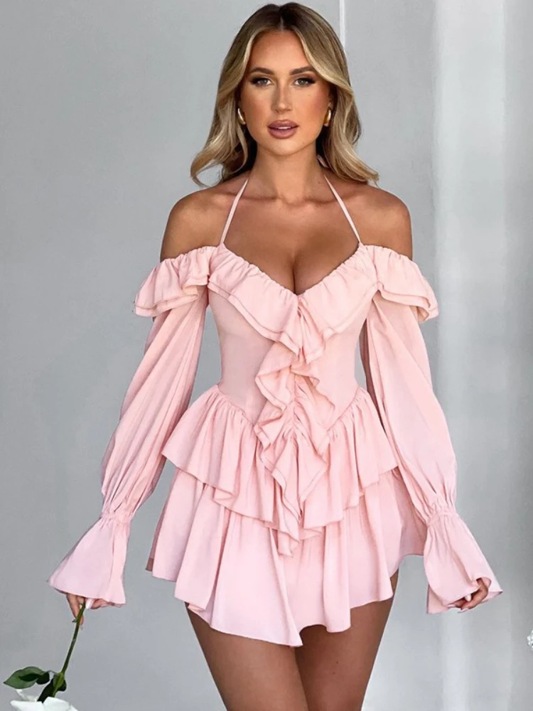 

Woman Clothes Sexy Ruffles High Waist Rompers Short Jumpsuit 2025 Autumn Lace-up Off Shoulder Long Sleeve Pink Playsuit Clubwear