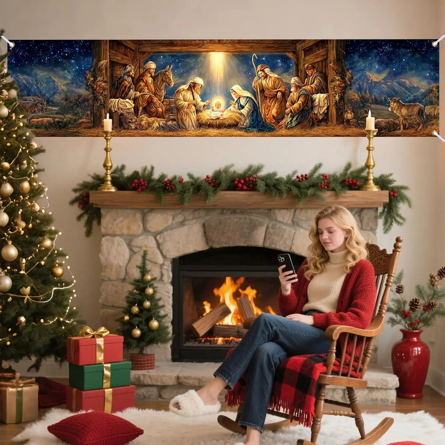 لافتة عيد ميلاد سعيد كبيرة، عائلة مقدسة وملائكة - لافتة داخلية وخارجية للفناء والحديقة والحديقة - حظر زينة حفلات العطلات #6