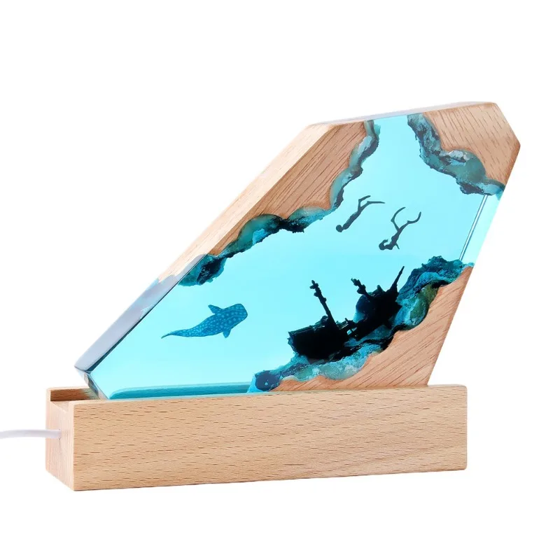 

Ocean micro-landscape resin night light, handmade ornament epoxy resin, solid wood lamp holder handicraft