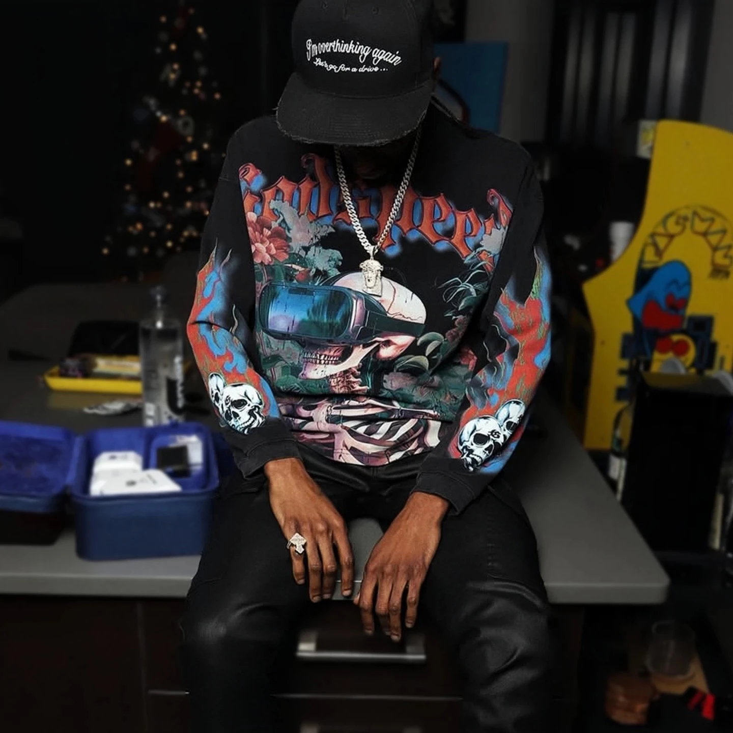 

Waed Long Sve round Ne T-irt Skull Print High Street American Sle Vintage Look Youthful Energy Loose Fit Summer 2025