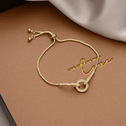 Creative Design Pull  Yellow Adjustable Zircon Bracelets for Women Charm Gold Color Stainless Steel Chains Bangles Party Jewelry