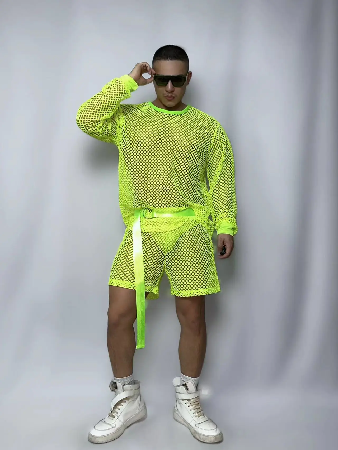 Jazz Hip Hop Dance Costume For Male Dancer Fluorescent Green White Hollow Out Outfits Bar Nightclub DJ Gogo Performance Clothing