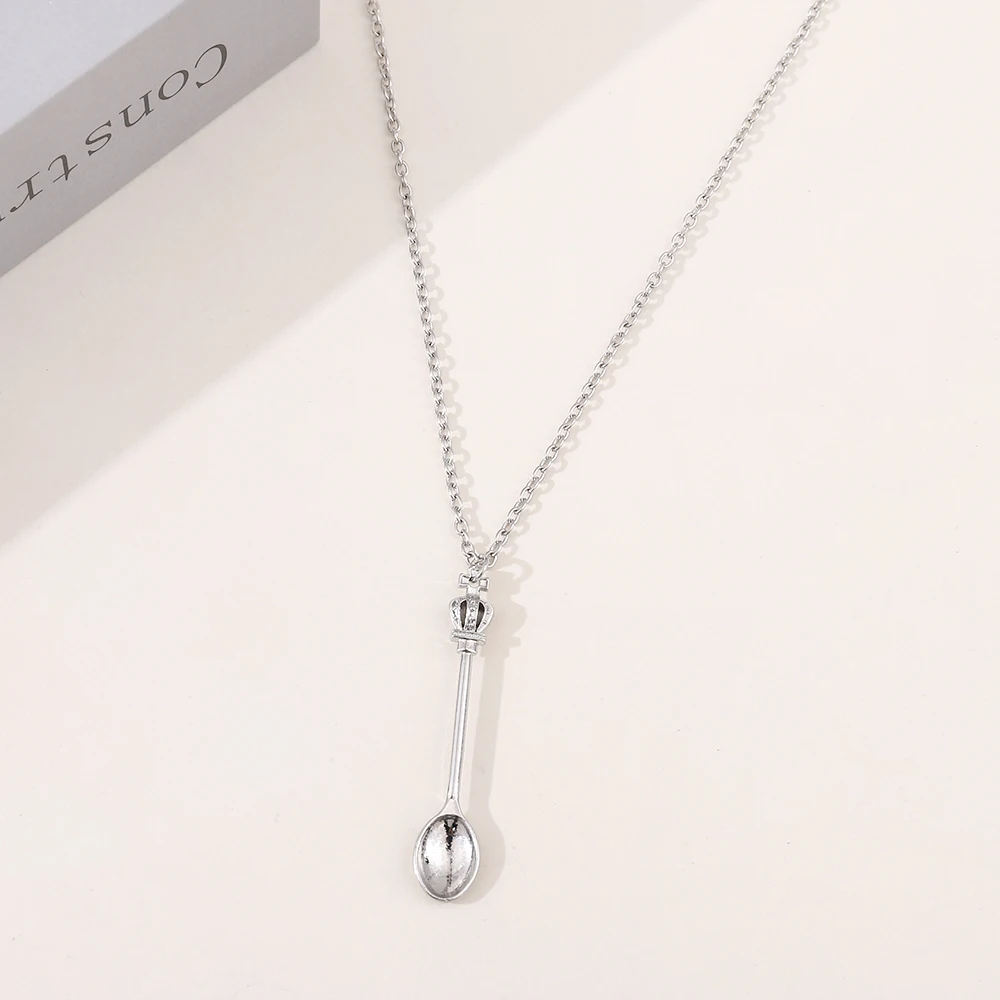 Fashion Women Men Crown Mini Tea Spoon Shape Pendant Long Chain Necklace Sweater Metal Chain Necklace Jewelry