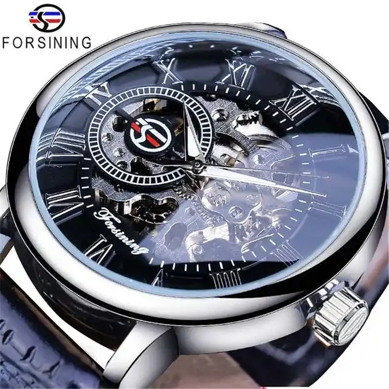 

Forsining 99A New Skeleton Mechanical Hand Wind Watches Watch 3D Luxury Skeleton Hollow Mens Wristwatches Golden Watches