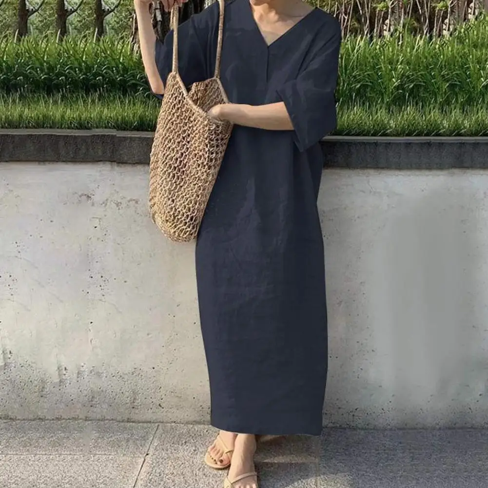 

Summer Women Dress Retro Loose Cotton Linen Blend Half Sleeves Plus Size Quick Dry A-line Casual Maxi Dress Vacation Beach Dress