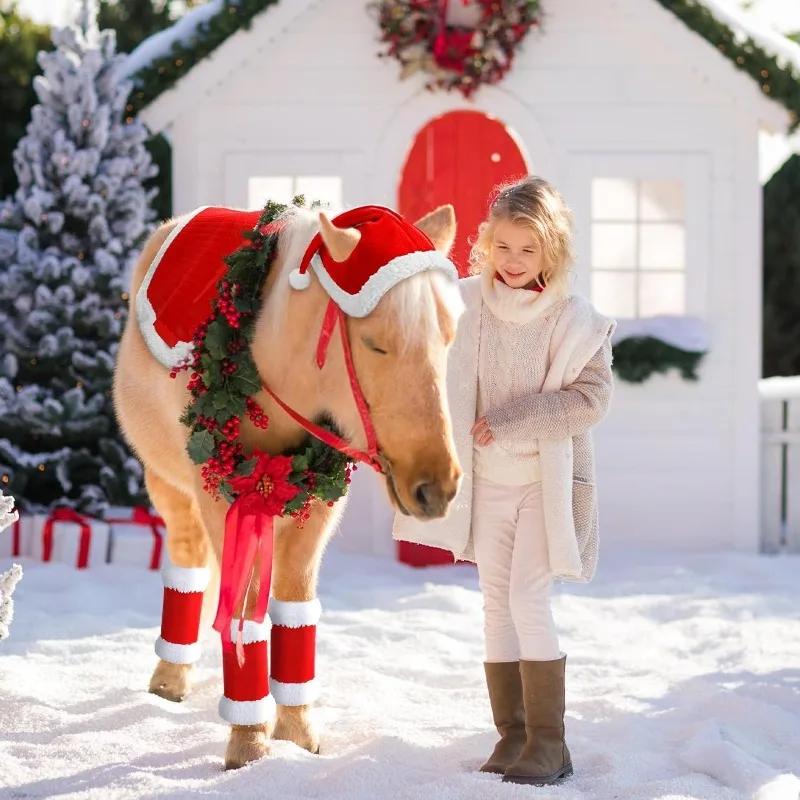 Winter Horse Care Equipment Thicken Warm Horse Leg Weaps Fleece-lined Saddle Pad Kawaii Hat Christmas Red Equestrian Gear