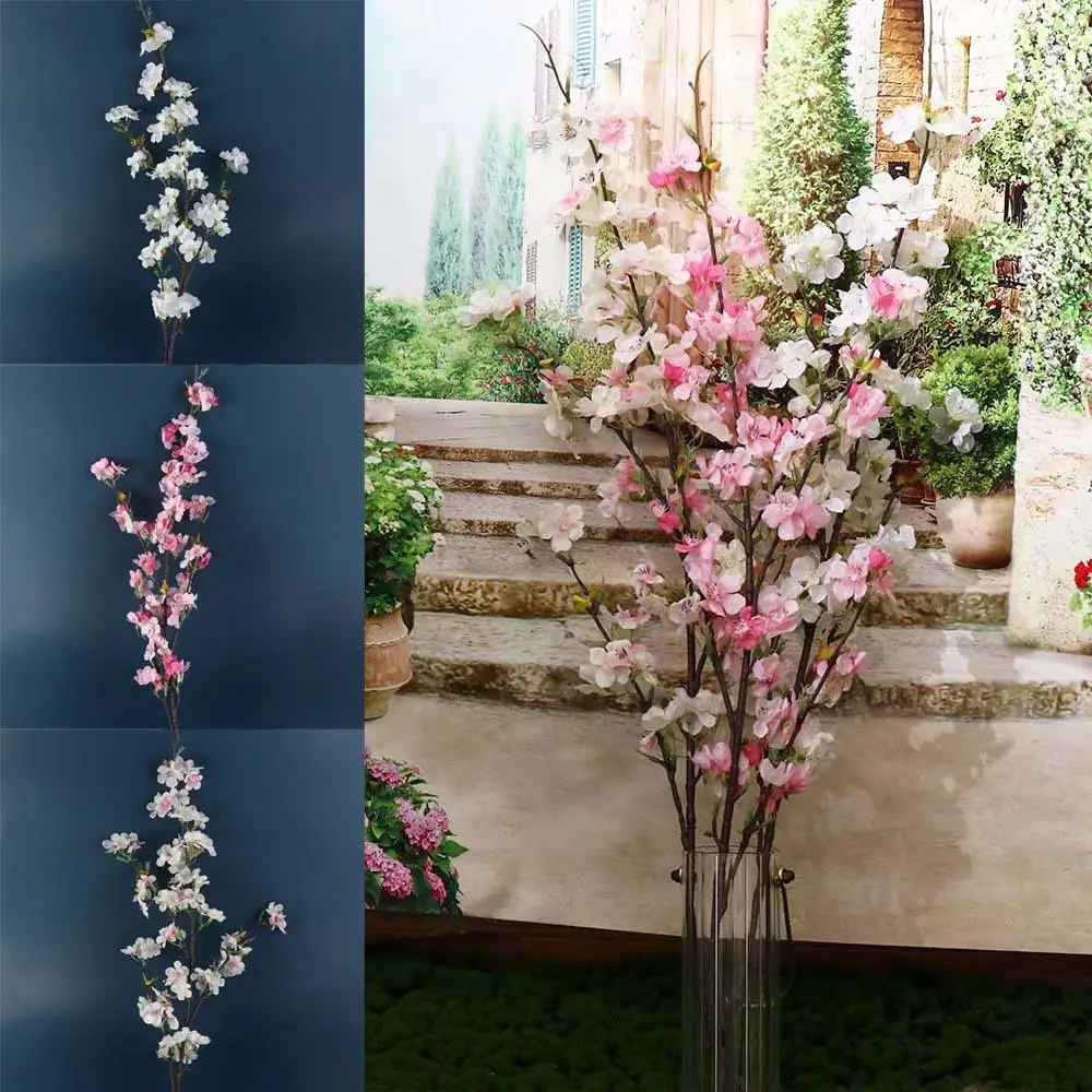 Home Decoration Flower Arrangement Cherry Blossom Branch Silk Handmade Artificial Cherry Blossom Floral Art 4-pronged Wedding