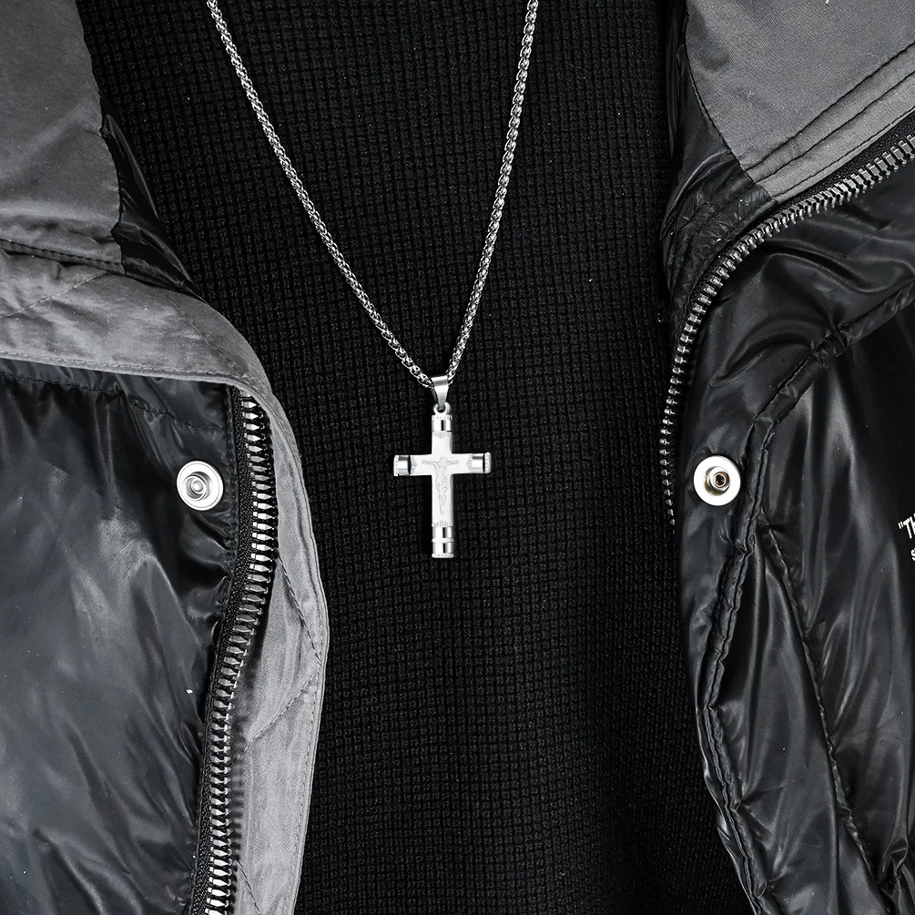 High-Quality Stainless Steel Catholicism Jesus Cross Pendant Necklace, Christian Religious Jewelry for Men