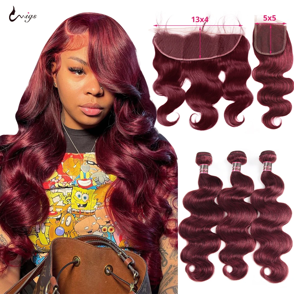 

Burgundy Body Wave Bundles With Frontal Brazilian Human Hair Extension Bundles With 5x5 Closure Ombre Colored 99j 3 Bundles Hair