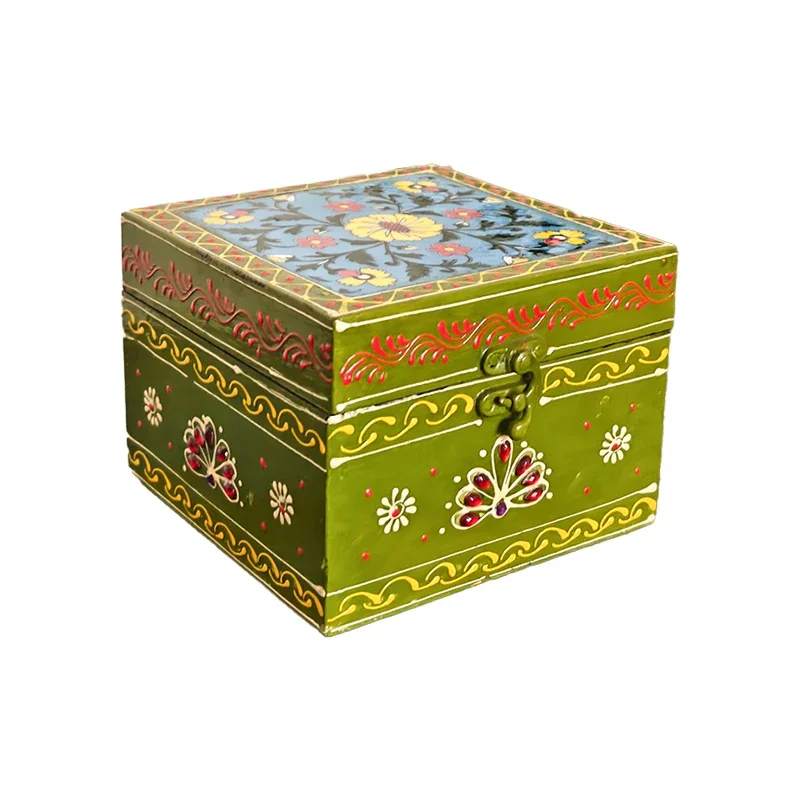 Indian solid wood painted jewelry storage box desktop storage antique creative art retro home decoration ornament