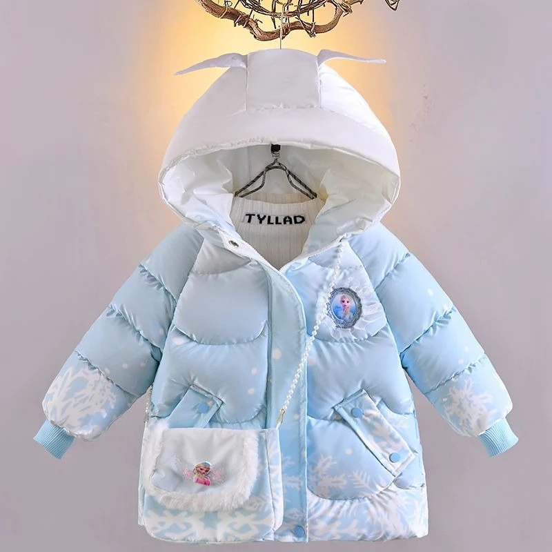 Frozen Elsa Anna mercancía de la película abrigo acolchado para niñas dulce y encantadora chaqueta de algodón de longitud media cálida y resistente al viento de invierno