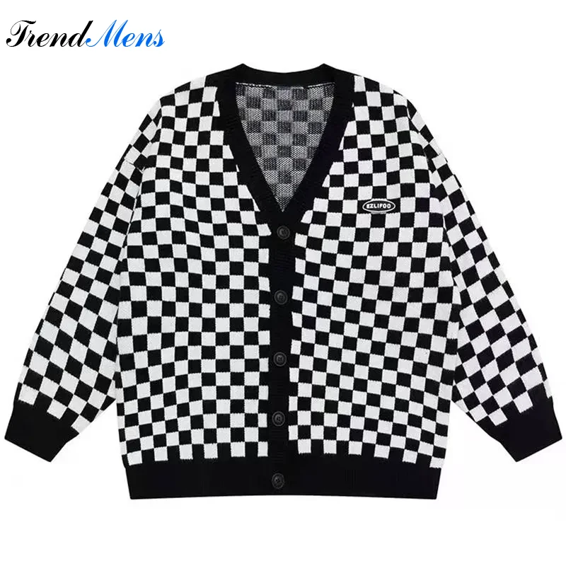 

Vintage Plaid Cardigan Sweater Men Coats 2021 Japanese Style Hip Hop Streetwear Woman Harajuku Oversized Knitted Sweater Tops