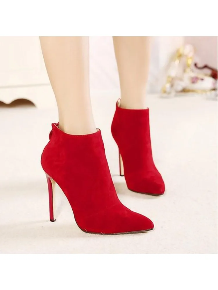 Bottines courtes en daim simples pour femmes, chaussures de mariage à bout pointu avec fermeture éclair au dos, nouvelle collection