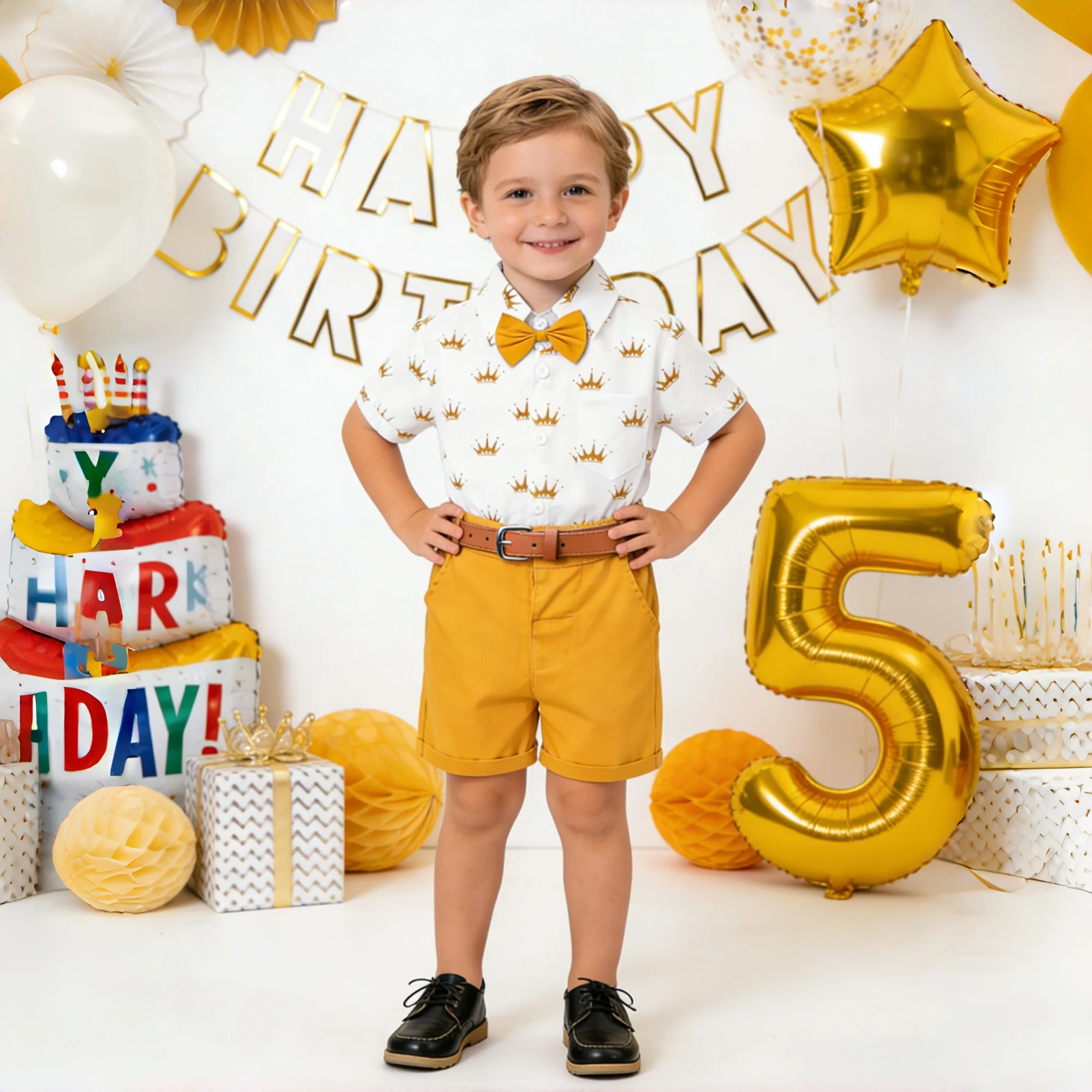Birthday Suit For 1 2 3 4 5 6 Years Boys Kids Summer Cotton Clothes Crown Printed T-shirt Yellow Shorts 4 PCS Casual Outfit