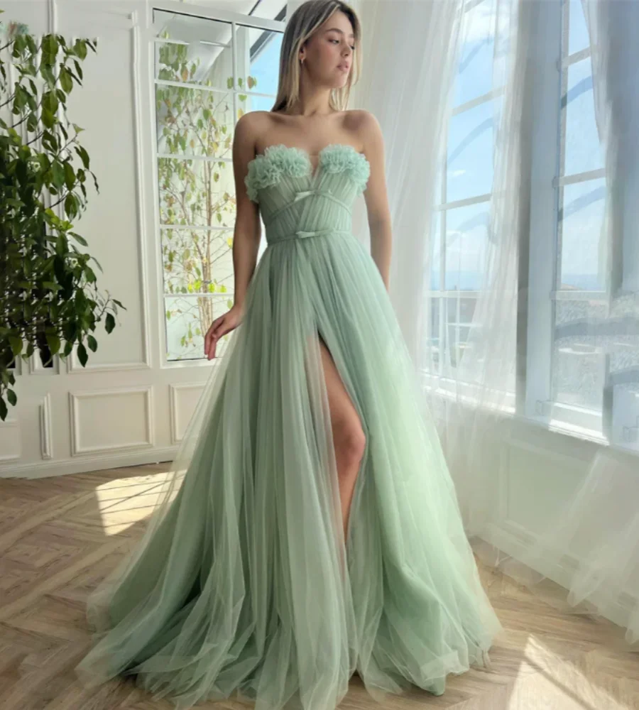 OUSIRUI Prom Dress Side Split A Line Wedding Evening Dress robes  Flowers Belt Evening Gown Mint Green Tulle Elegant de soirée