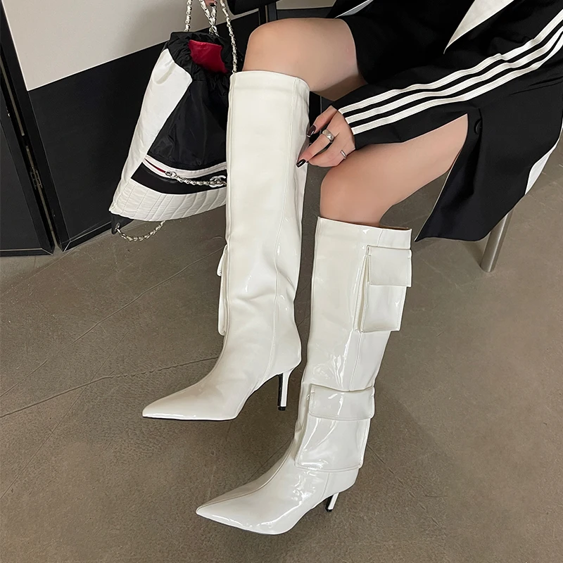 

Woman Boots Knee High Pointed Denim Spring Summer Knight Combat Gothic Elegant Stiletto Heels Women's Shoes Motorcycle Footwear