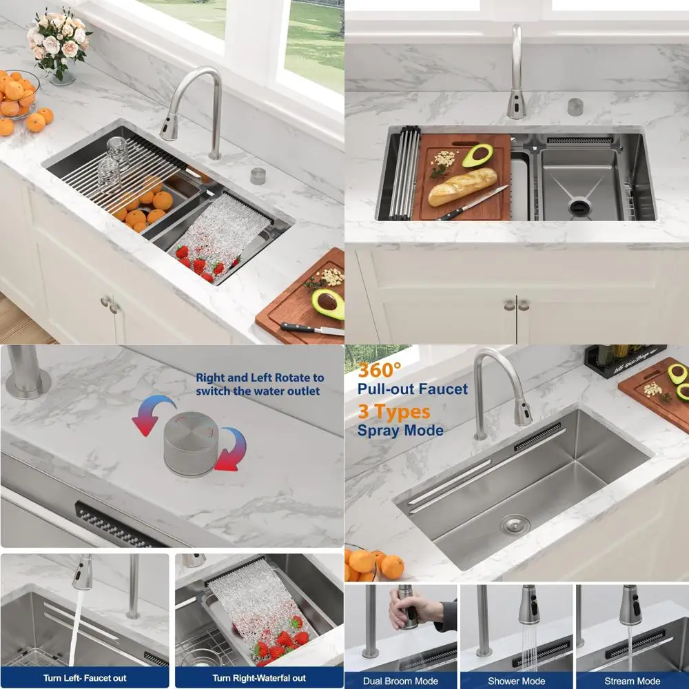 حوض مطبخ من الفولاذ المقاوم للصدأ بقياس 16 مع حافة شلال ومحطة عمل، 33 بوصة، متعدد الوظائف للطهي الحديث #1